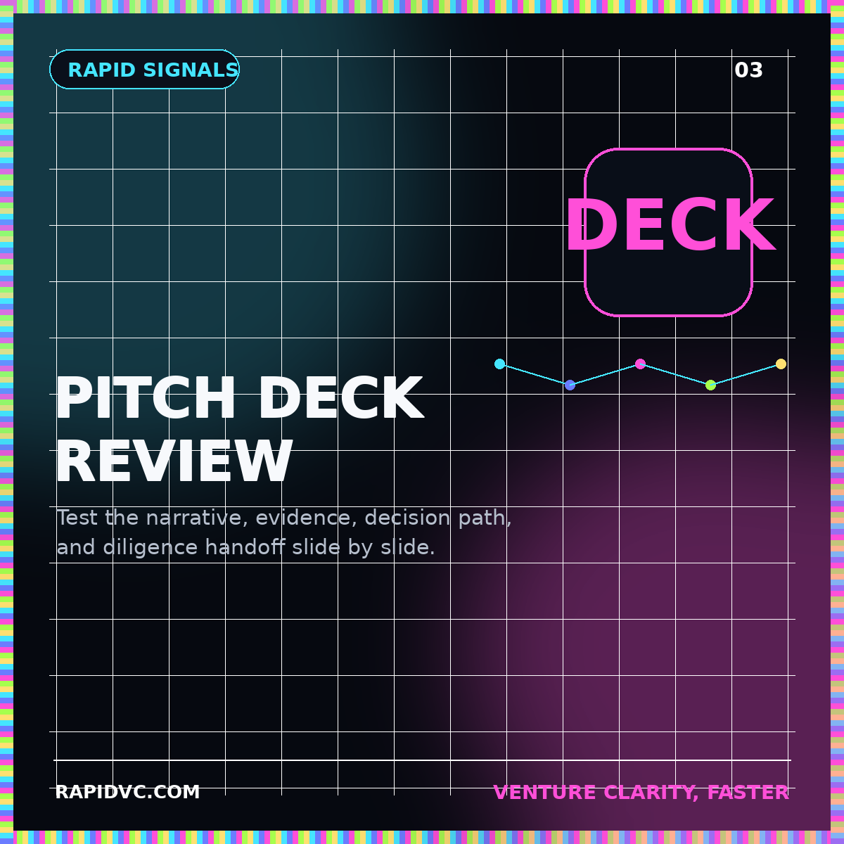Neon RapidVC typography card reading Pitch Deck Review